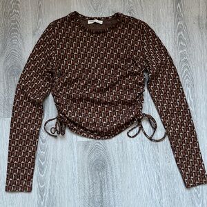 Pull&Bear 70s Geometric Long Sleeve Top in Brown and Tan, Size M